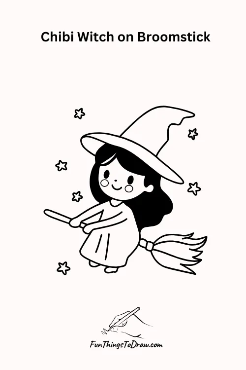 Chibi Withc on Broomstick Halloween Drawing