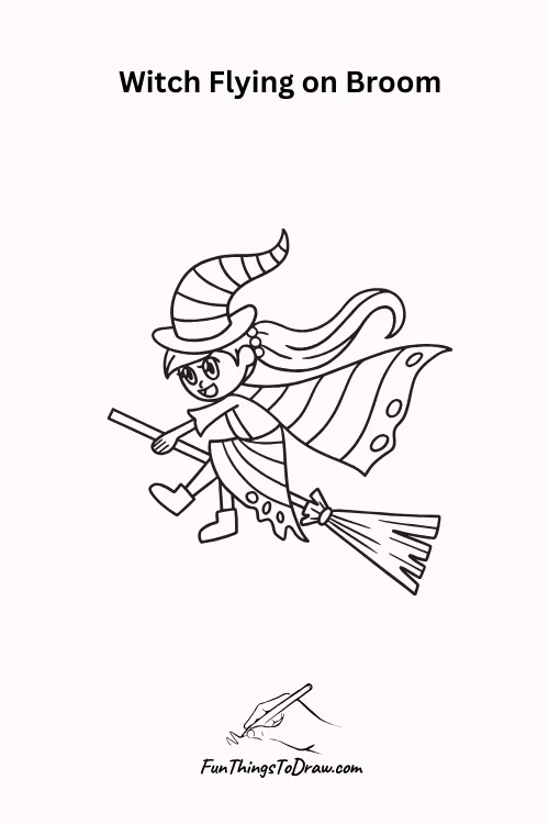 Witch flying on Broom Halloween Drawing