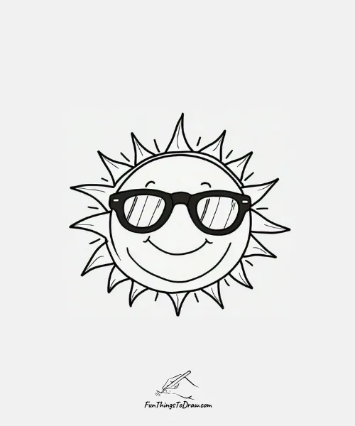 A cheerful sun with sunglasses drawing
