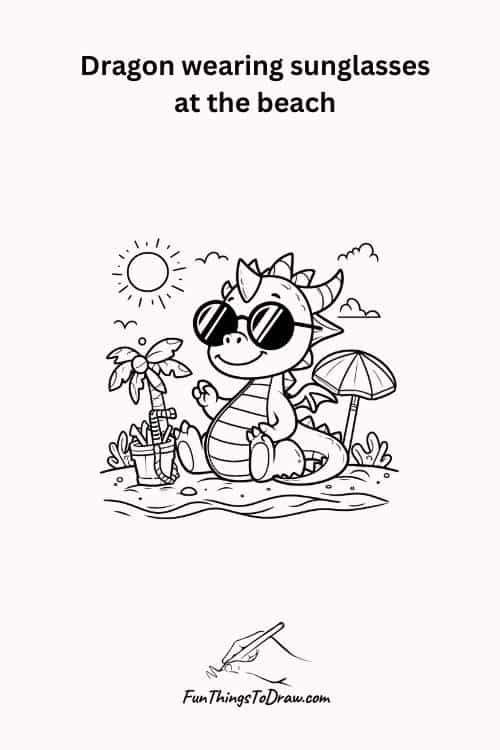Dragon wearing sunglasses at the beach