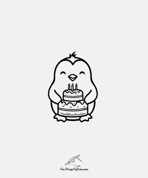 A Penguin with a Cake drawing