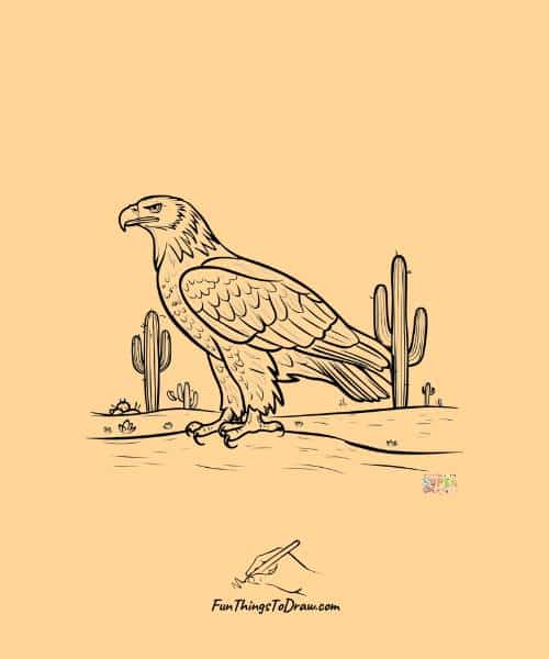 Eagle in desert landscape with cacti