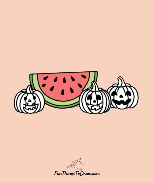 Watermelon with Adorable Pumpkins Drawing
