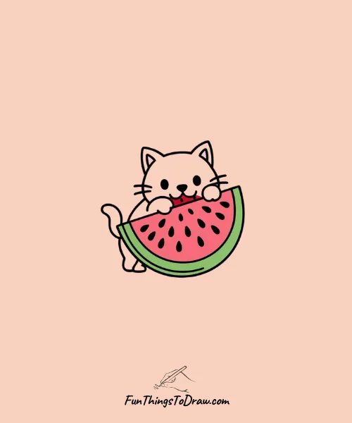 Adorable Cat Taking Watermelon Bite Drawing