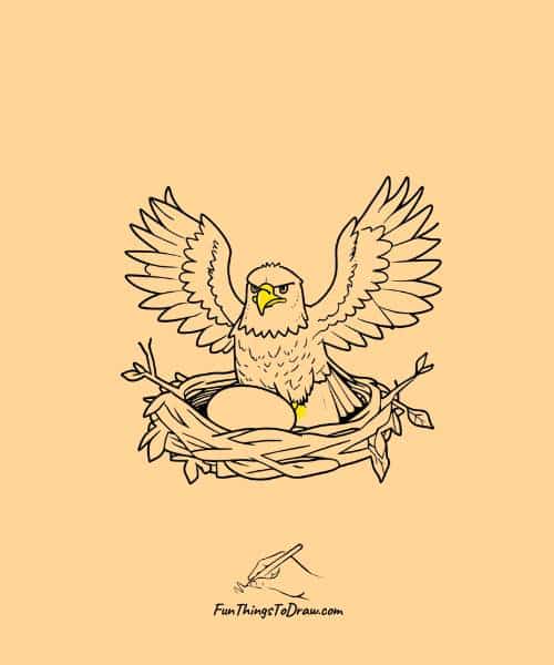 Drawing of an eagle sitting in a nest having egg