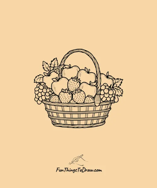 Elegant Fruit arranged basket with Apples, Strawberries, and Green Grapes Drawing