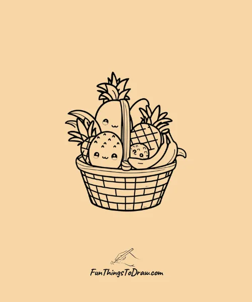 Exotic Fruit Basket filled with fruits like Mangoes, Pineapples, and Bananas Drawing