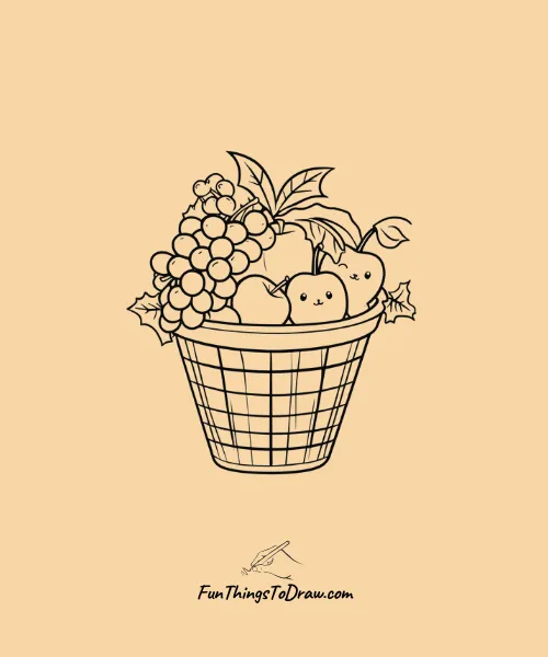 Holiday Fruit Basket filled with seasonal fruits like Grapes, Cherries, and Green Apples Drawing