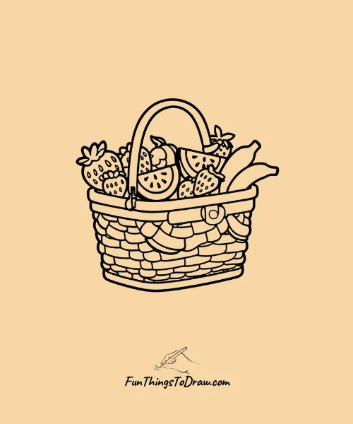Picnic Fruit Basket filled with Strawberries, Watermelon Slices, and Bananas Drawing