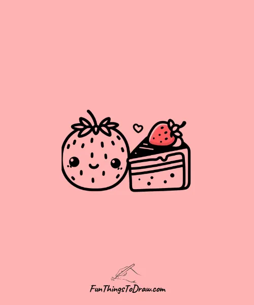 Strawberry with a Slice of Cake Drawing
