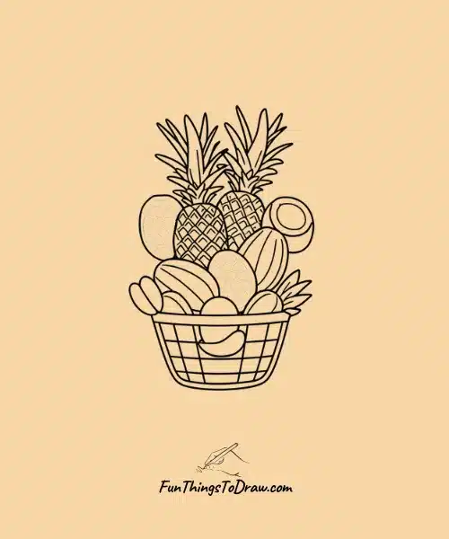 Tropical Fruit Basket brimming with Pineapples, Mangoes, and Coconuts Drawing
