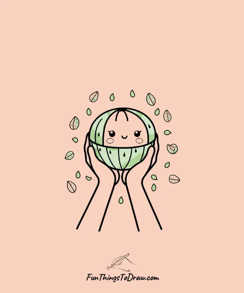 Baby Watermelon being Cradled Gently with two Hands Drawing