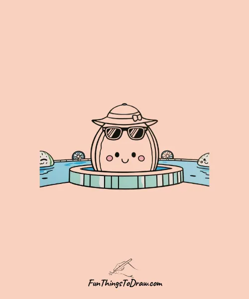 Watermelon Enjoying a Summer Pool Party Drawing