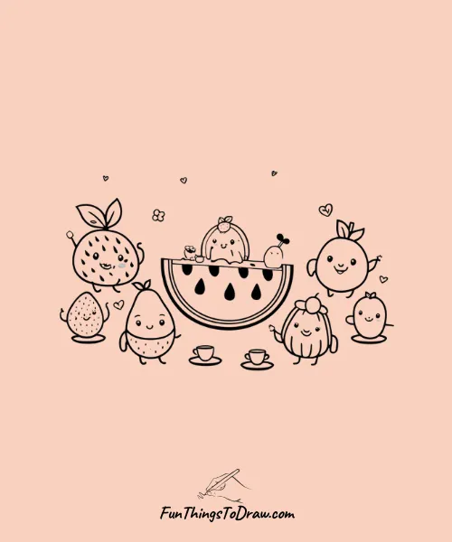 Watermelon Having a Tea Party with Friends Drawing