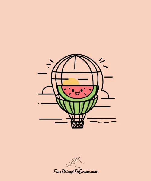 Watermelon taking a Hot Air Balloon Ride at Sunset Drawing