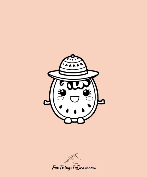 Watermelon Cartoon Character Wearing a Summer Hat Drawing