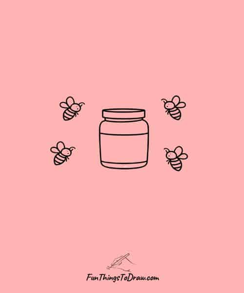 Drawing of a jar of honey with bees buzzing around