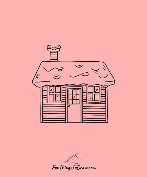 Simple drawing of a mountain cabin covered in snow