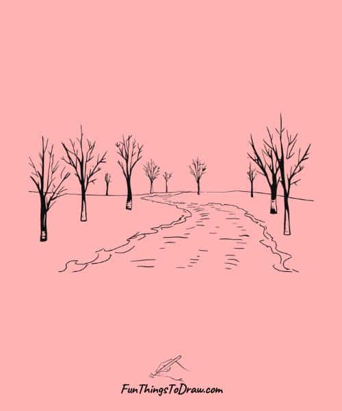 Drawing of a snowy path lined with trees