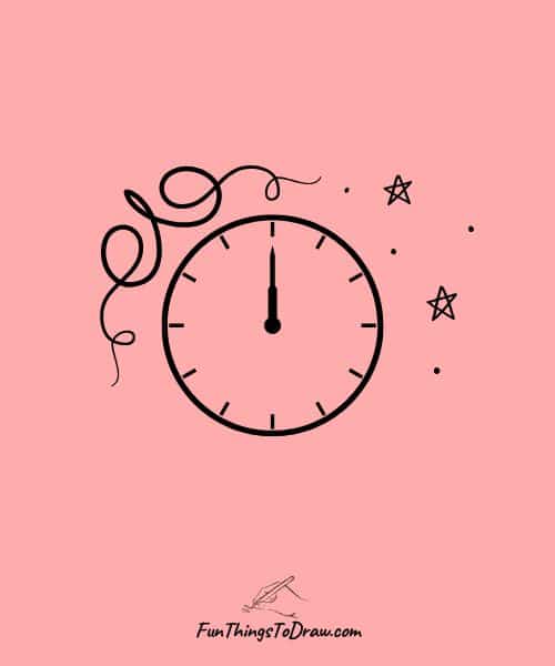 A clock striking midnight with decorative swirls and stars around it