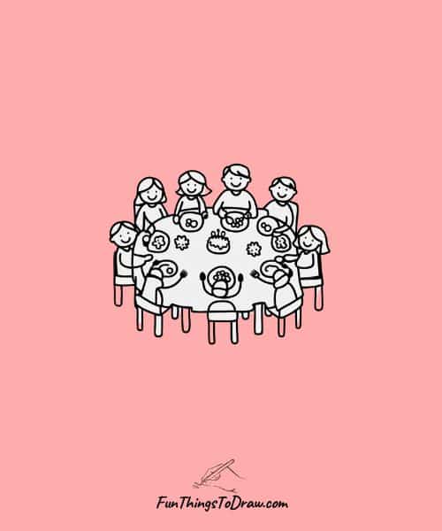 Families gathered around a festive table