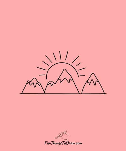 Drawing of Snow-covered mountains with a rising sun