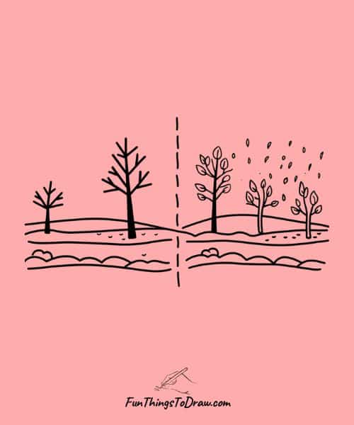Drawing of Winter landscape transitioning into spring, split-view style