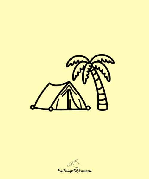 Easy Drawing of Palm tree near camping tent