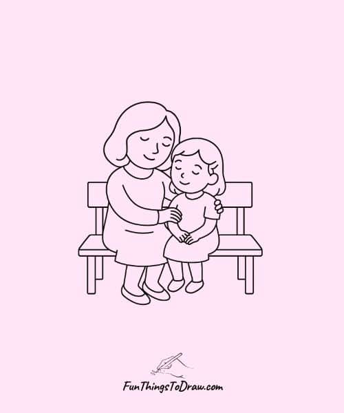Mom and child sitting on a bench
