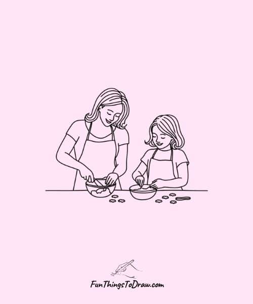 Mother and daughter baking together