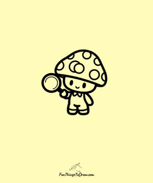 Mushroom detective with magnifying glass drawing