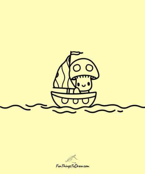 Easy drawing of mushroom sailing a boat