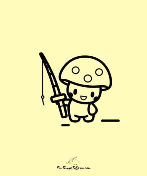 Drawing of mushroom with a fishing rod