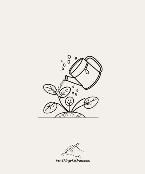 Drawing of Watering Can And Plant