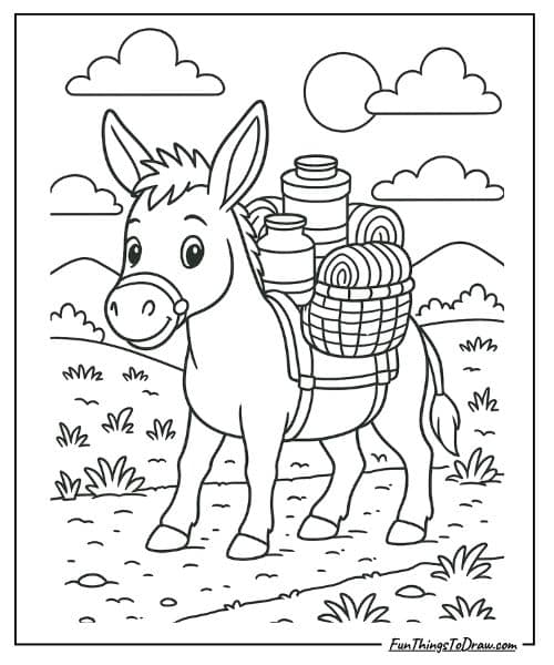 Donkey carrying supplies coloring page