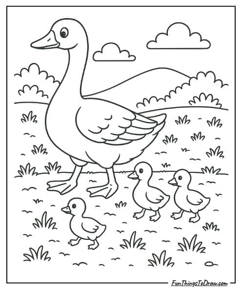 Goose with goslings coloring page