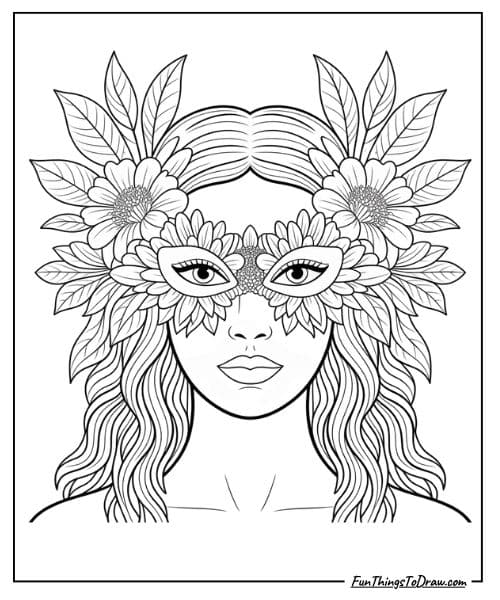 Flower Mask Lady Coloring Page