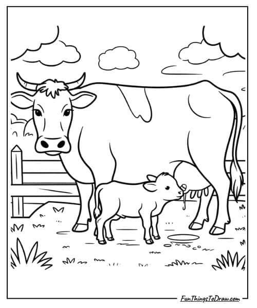 animal coloring page (calf drinking milk)