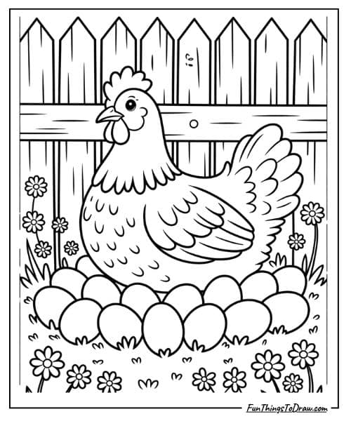 Hen sitting on eggs coloring page