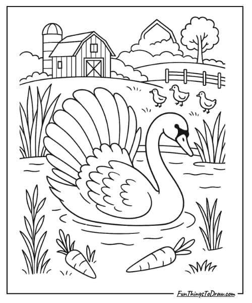 Swan in Farm Pond Coloring Page