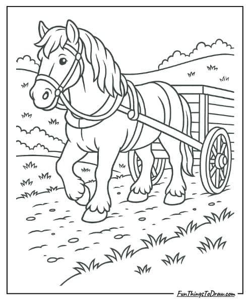 Farm Animal Coloring Sheets (Draft horse pulling cart)