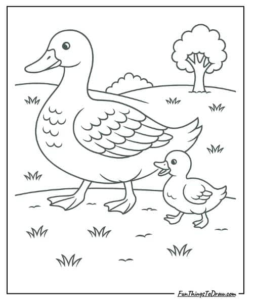 Duckling following mother coloring page