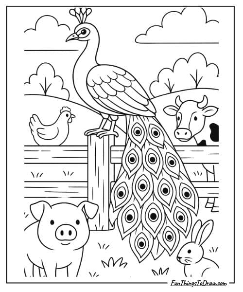 Peacock sitting on fence coloring sheet