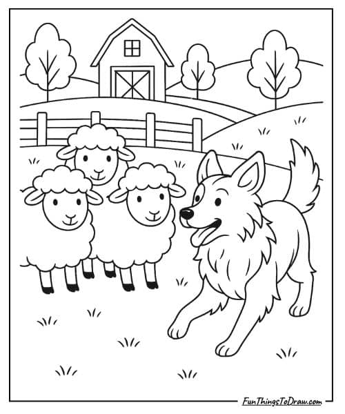 Farm dog herding sheep coloring page