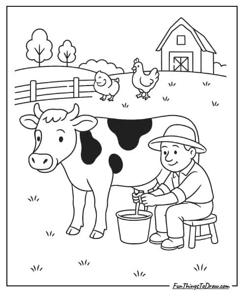 Coloring page of a dairy cow milked by farmer