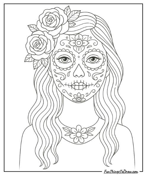 Girl Coloring Page: Day of the Dead Sugar Skull Woman