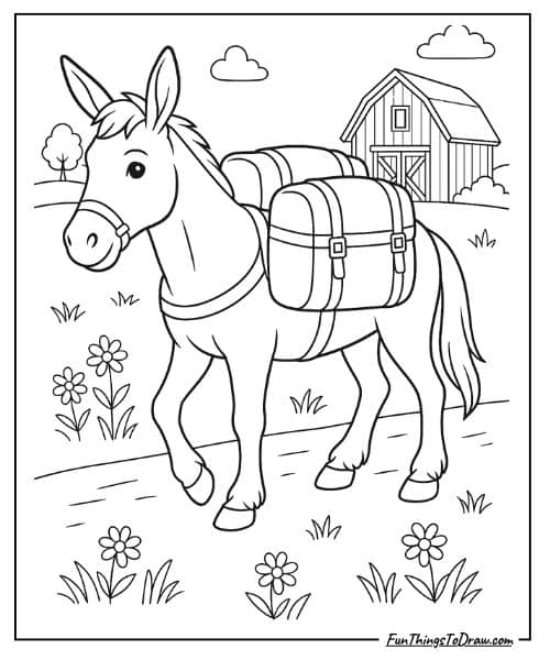 Burro carrying packs coloring sheet