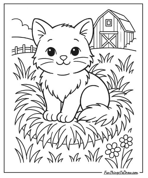 Farm kitten in hay coloring page
