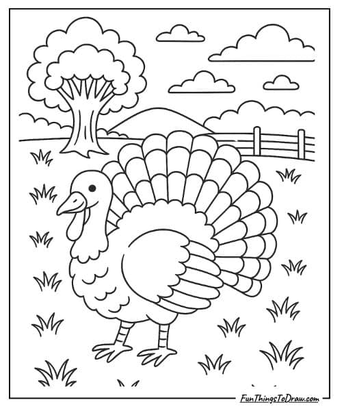 Turkey with fanned tail coloring page