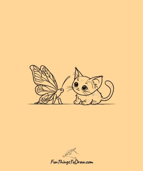 Drawing of butterfly and a kitten looking at each other